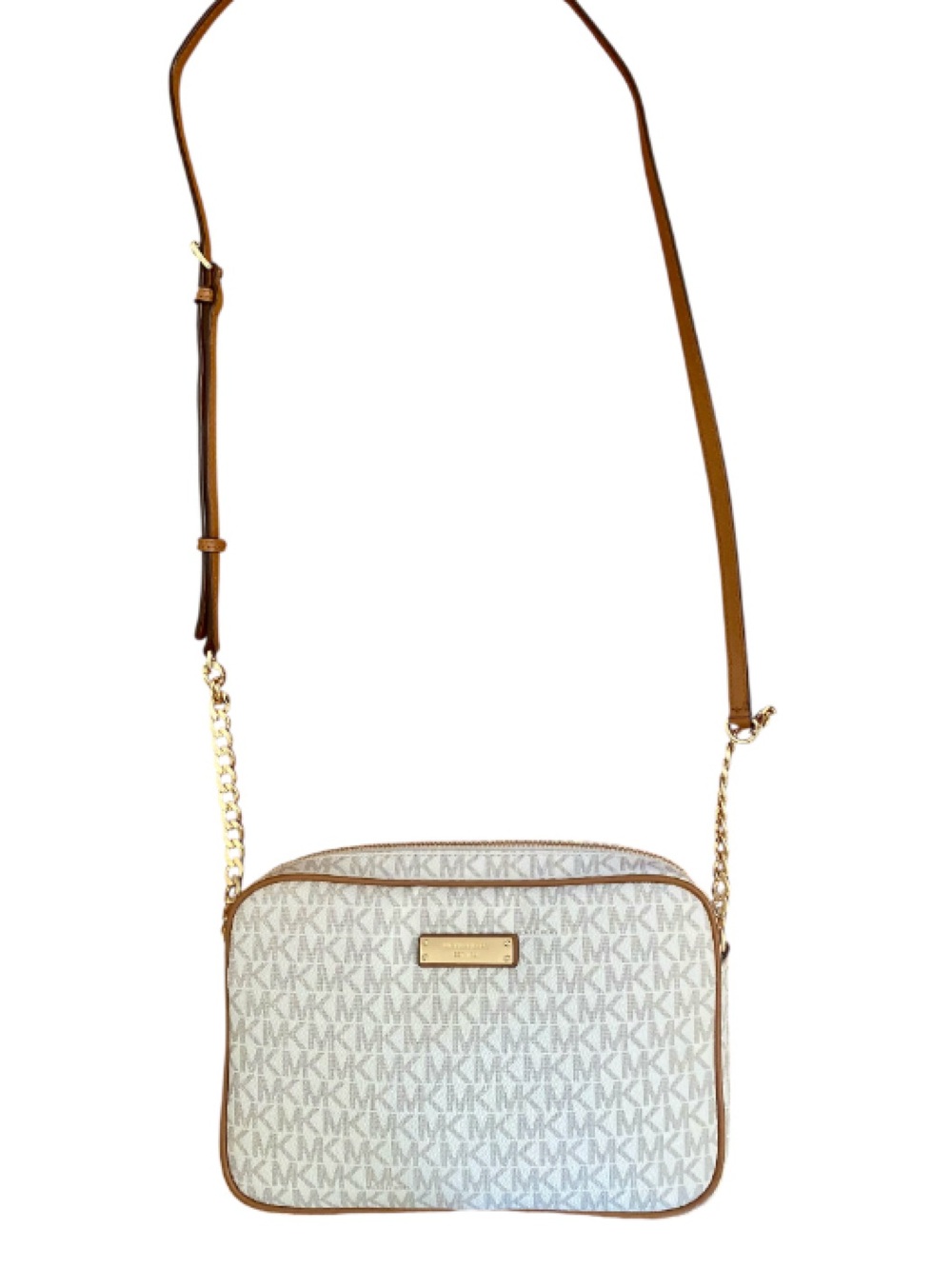 Michael Kors Vanilla MK Logo Jet Set East West Crossbody Bag Gold Chain - Picture 8 of 12
